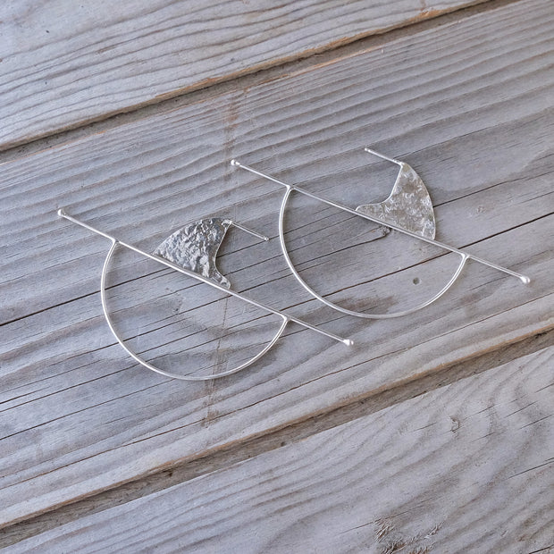 Geometric Sterling Silver Statement Full Moon Rising Post Earrings — Sun Moon Horizon - Textured Hammered Silver -  Glass Sky Jewelry - Handmade in Columbus Ohio by artist Andrea Kaiser