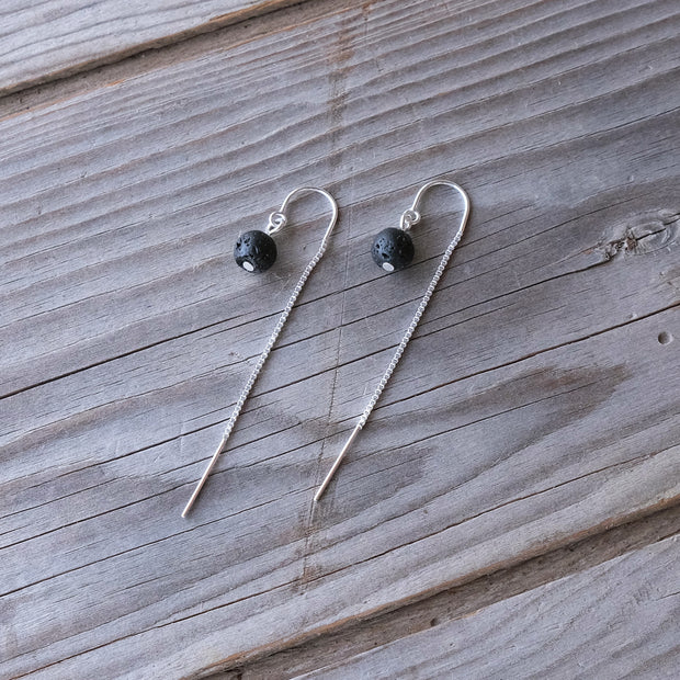 Sterling Silver Lava Bead Aromatherapy U-Bar Threader Earrings - pair with essential oils - Glass Sky Jewelry - Handmade in Columbus Ohio by artist Andrea Kaiser