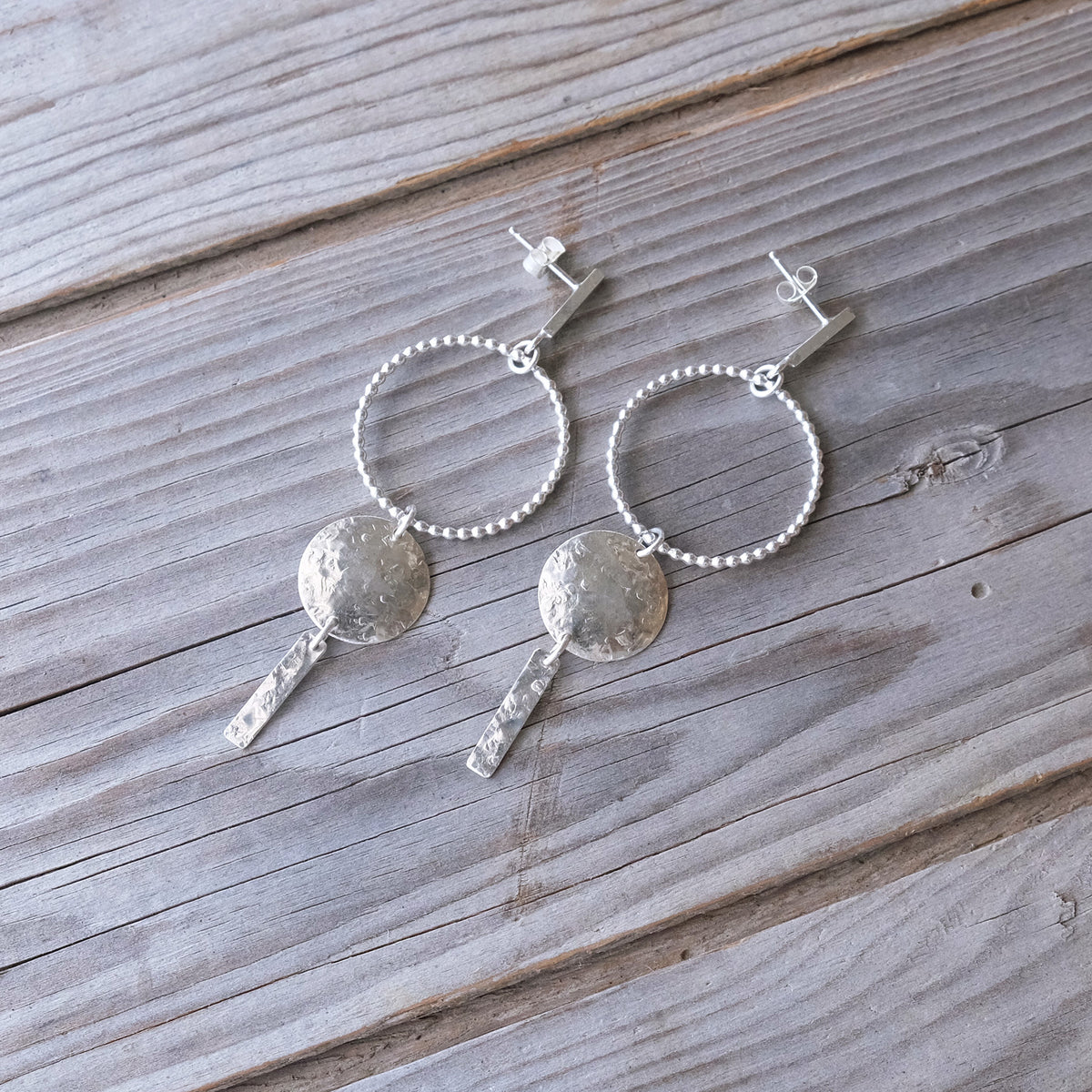 Delicate Geometric Sterling Silver Sun Full Moon Horizon Textured Hammered Earring Dangle Posts - Glass Sky Jewelry - Handmade in Columbus Ohio by artist Andrea Kaiser