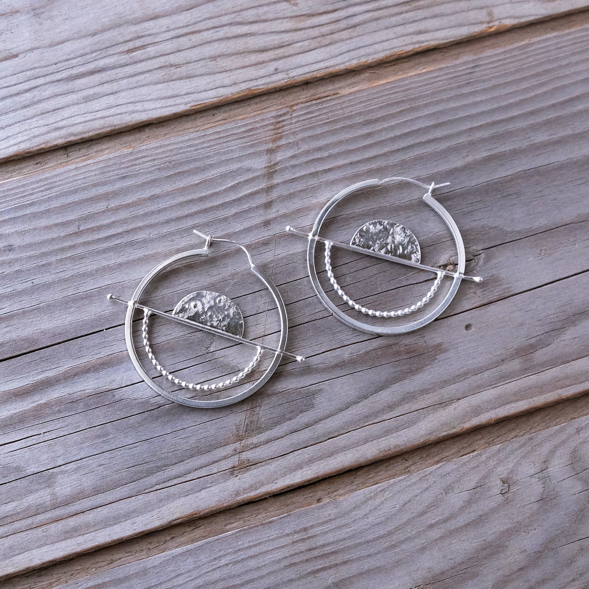 Geometric Sterling Silver Statement Full Balance Hoop Earrings — Sun Moon Horizon - Textured Hammered Silver -  Glass Sky Jewelry - Handmade in Columbus Ohio by artist Andrea Kaiser