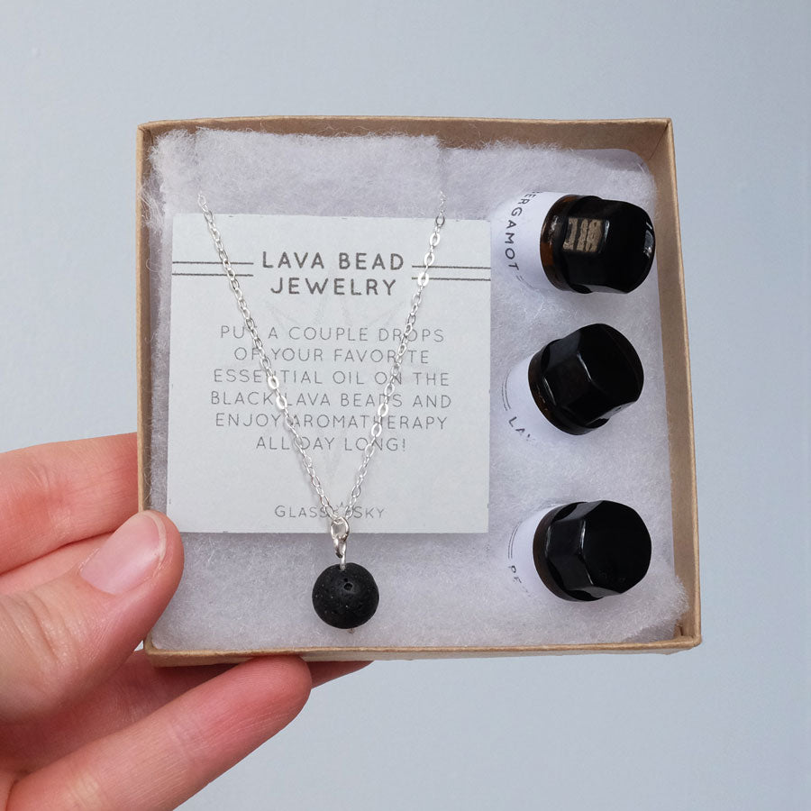 Lava Bead Necklace & Essential Oils Set